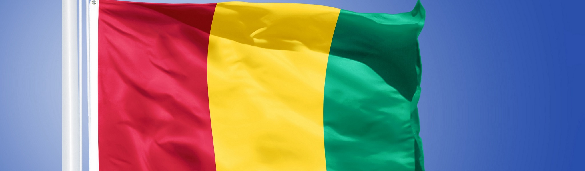 Flag of Guinea flying against a blue sky